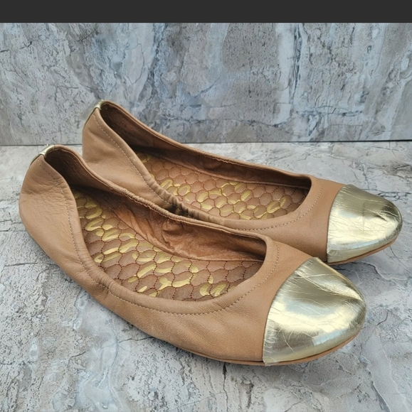 Sam Edelman Women's 7.5 Baxton 2 Tan Leather Gold Cap Toe Slip On Ballet Flats - Picture 11 of 11